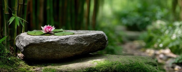Obraz premium Bamboo forest for peaceful meditation and harmony concept. A serene lily flower on a stone in a peaceful bamboo garden.