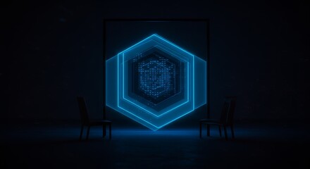 Hexagonal Tunnel of Glowing Blue Light Inside Dark Room With Two Chairs Minimalist Geometric Design and Futuristic Interior