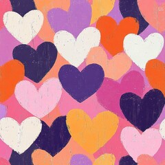Colorful pattern of overlapping hand-drawn hearts in purple, orange, white, pink, and red on a textured background