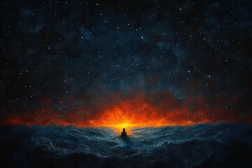 Silhouette of a person sitting peacefully on rough dark ocean waves with a fiery orange glowing horizon under a starry night sky