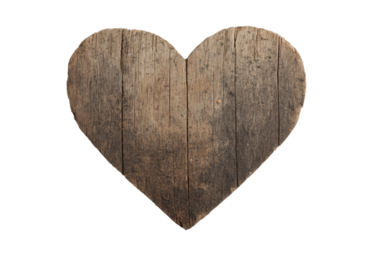Rustic wooden heart-shaped decor with distressed texture isolated on black background, cut out - Powered by Adobe