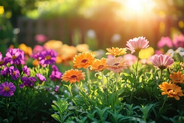 Colorful vibrant flowers in full bloom under warm sunlight in a lush garden setting creating a peaceful and uplifting atmosphere