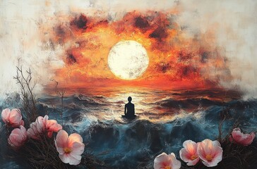 Silhouetted figure meditating amidst turbulent ocean waves facing a glowing large sun surrounded by fiery orange and red sky with delicate pink flowers and bare branches in foreground