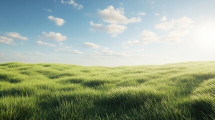 Obraz premium Sunlit grassy hills under a bright blue sky with fluffy clouds