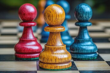 Close-up of four colorful wooden chess pawns in yellow, red, and blue on a chessboard evoking strategic thinking and gameplay