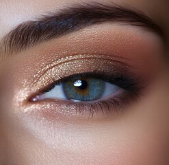 Close-up of a blue eye with long eyelashes and shimmering gold and bronze eyeshadow showcasing detailed texture of skin and eye makeup