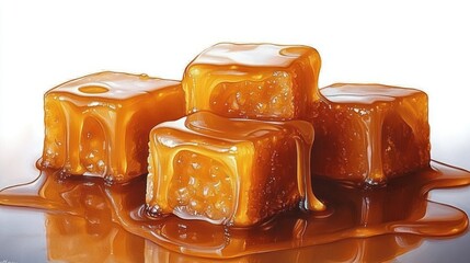 Four golden caramel cubes covered and melting in rich, glossy caramel sauce on a white background