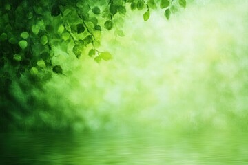 Close-up of green leaves hanging over smooth reflective water with bright light and soft green background creating peaceful nature scene