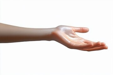 Outstretched human hand with palm facing up isolated on white background showing detailed skin texture and natural skin tone