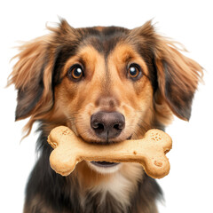 Happy dog holds bone shaped treat in its mouth, showcasing its playful and friendly demeanor. dog expressive eyes and fluffy fur add to joyful atmosphere of image