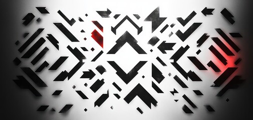 Abstract symmetrical composition of black angular shapes with red highlights on white background creating dynamic fragmented pattern