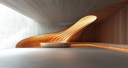 Minimalist modern interior space featuring curved wood paneling with integrated warm lighting and a round wooden seating platform, evoking warmth and calmness
