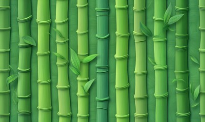 A seamless pattern of vertically arranged green bamboo stalks with some green leaves against a textured green background, evoking calm and natural harmony