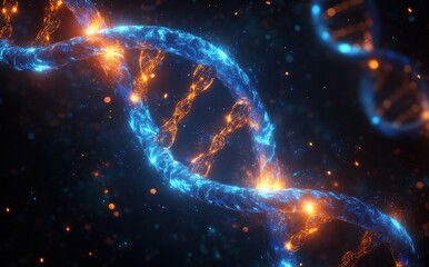 Close-up digital illustration of glowing blue and orange DNA double helix strands floating in a dark, blurry background conveying a sense of advanced science and complexity