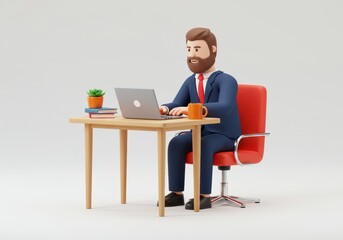 Fototapeta premium 3D Illustration of Cartoon businessman working on laptop at desk with books plant and coffee isolated on white background