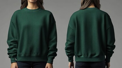 front and back view of a person wearing a dark green oversized sweatshirt and dark pants against a plain background