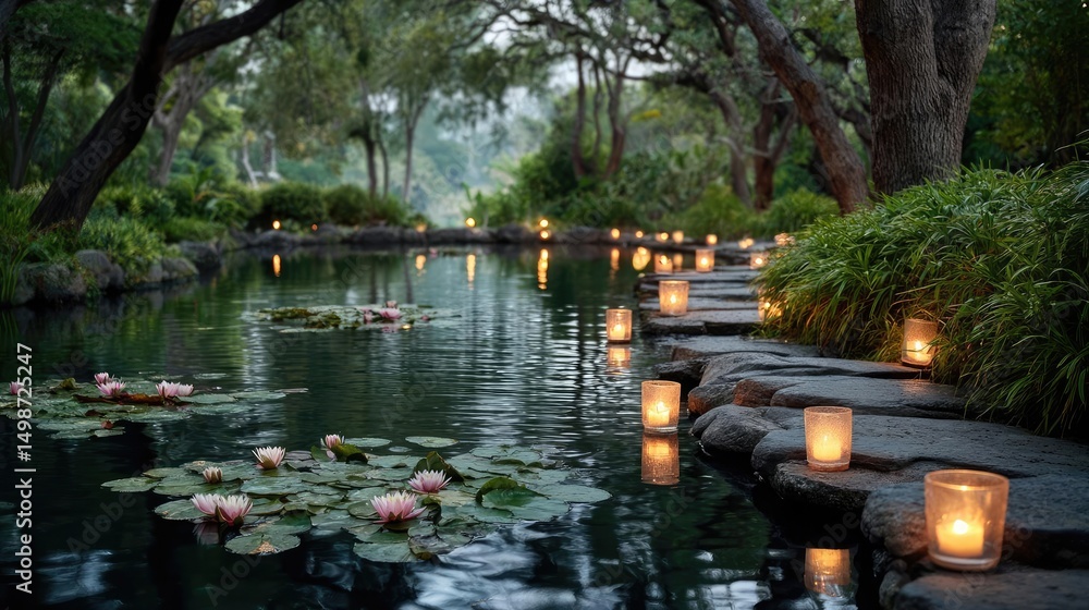 Aufkleber tranquil atmosphere for serenity with peaceful pond view concept. a serene view of a tranquil waterw