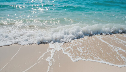 Turquoise Ocean Water Lapping White Sand Beach Under Sunlight Creating Sparkling Reflections	
