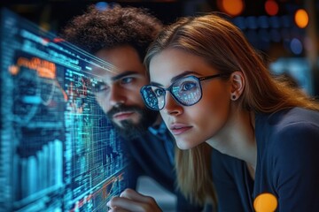 Focused young woman wearing glasses with reflected data and graphs on screen analyzing information with a man in a dimly lit office environment