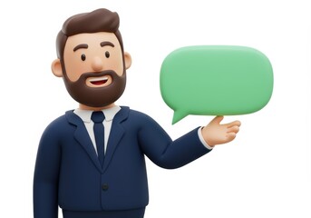 3D Illustration of 3d cartoon of a businessman in a suit holding a green speech bubble for communication isolated on white background