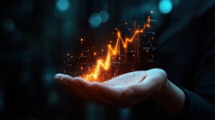 Hand holding a glowing orange digital financial graph showing an upward trend surrounded by futuristic data points and dark background