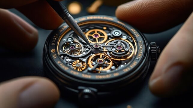 Close-up of detailed mechanical watch movement with cogs and gears being carefully adjusted by a fine tool between fingers in low light
