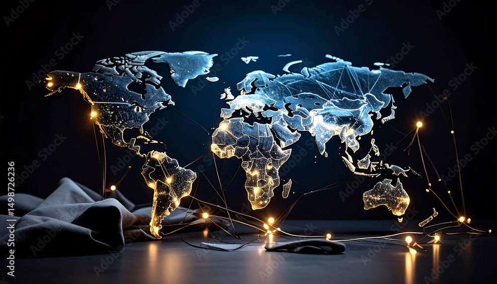 Poster a fractured, illuminated world map with golden lights and network connections on a dark background, 