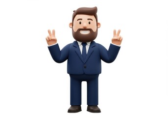 Fototapeta premium 3D Illustration of Cartoon businessman with beard in blue suit giving peace sign isolated on white background, symbolizing success and positivity