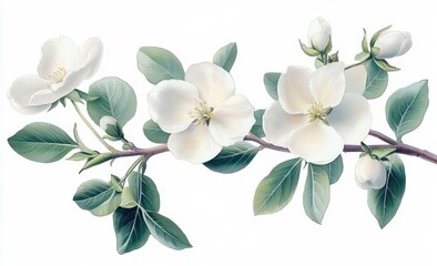 Fototapeta premium Delicate white flowers and green leaves blooming on a slender branch with soft shadows on a white background