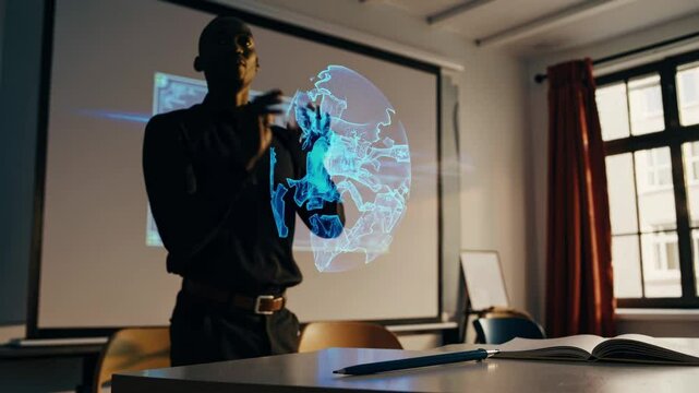 Engineering professor teaching mechanics with interactive hologram simulation