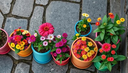 Summer flowers in colorful pots on gray stone Top view, element, detail
