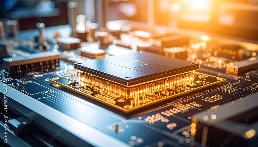 Poster close-up of luminous cpu chip on circuit board, symbolizing digital technology.