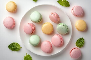 Obraz premium Colorful pastel macarons arranged on and around a white plate with fresh green mint leaves on a light surface, evoking a fresh and delicate mood