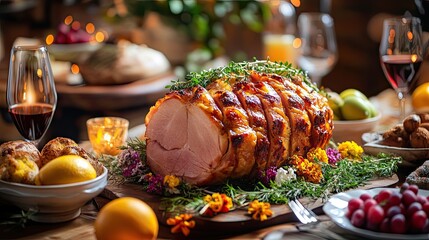 Holiday ham centerpiece with wine and fruit on a wooden table