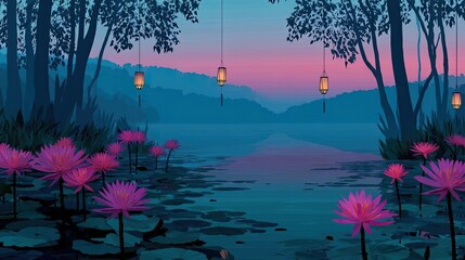 Obraz premium Tranquil atmosphere for serenity with peaceful pond view concept. Serene lake surrounded by vibrant pink water lilies at dusk.
