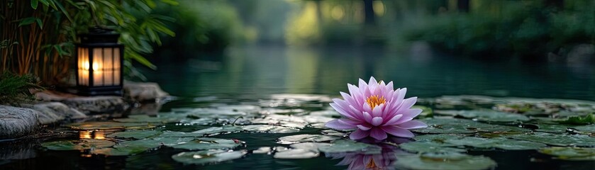Tranquil atmosphere for serenity with peaceful pond view concept. A serene water lily blooms amidst tranquil pond surroundings.