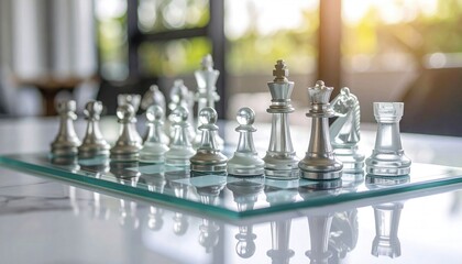 Modern chess set featuring transparent and metallic pieces on elegant marbl