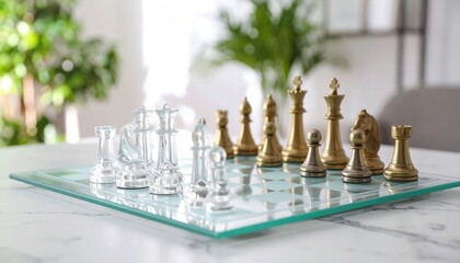 Minimalist chessboard with sleek glass and metal pieces on a marble surface