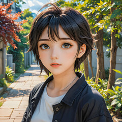 a young woman with short, dark brown hair and large, expressive brown eyes. 