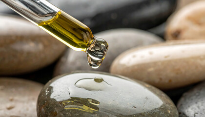 Dropper releases oil onto smooth stone. Spa and wellness concept.