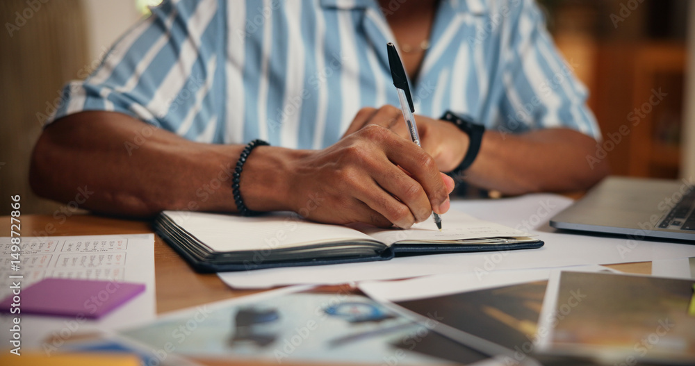 Poster Man, planning and hands writing in dairy for reminder, deadline update and time management. Goals, objective and closeup of notebook schedule for tasks, appointment date and notes planner for agenda