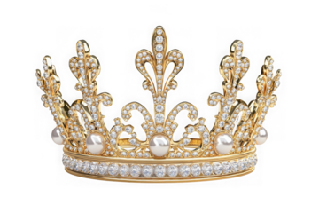 Luxury golden crown with pearls and diamonds tiara jewel royalty queen princess headwear elegant glamour treasure isolated on transparent background