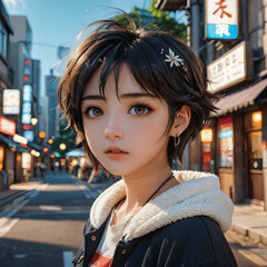a young Asian woman standing on a street at night. She has short black hair