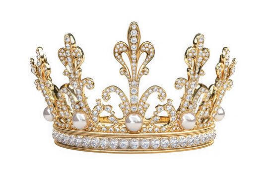 Luxury golden crown with pearls and diamonds tiara jewel royalty queen princess headwear elegant glamour treasure isolated on transparent background