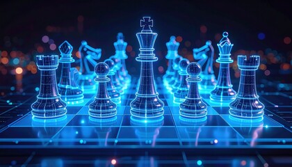 Futuristic holographic chess set glowing with neon lights on a digital game board