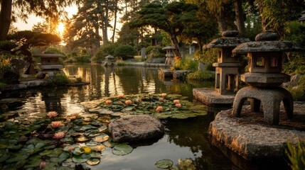 Tranquil atmosphere for serenity with peaceful pond view concept. Serene garden scene with lily pads and tranquil stone lanterns.