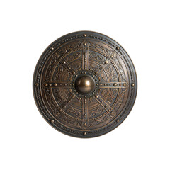Fototapeta premium Ornate bronze medieval shield isolated on war art dark on transparent background