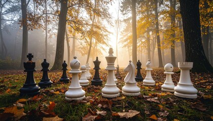 Dreamlike forest scene featuring large chess pieces and soft glowing fog