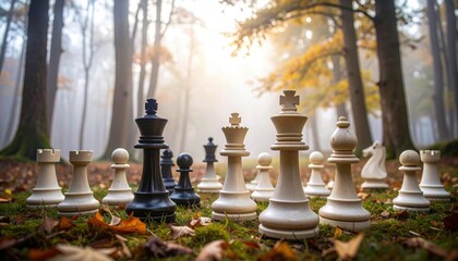 Giant chess pieces in a fog-covered forest with surreal and dreamy ambiance