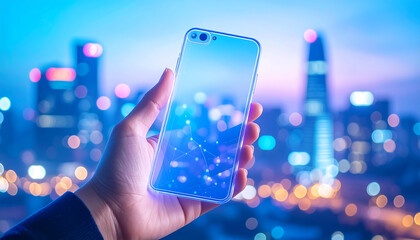 Hand holds glowing phone showing network graphic over blurred city lights, representing future tech connection.
